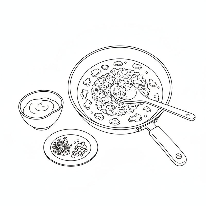 Line drawing of minced beef cooking in a frying pan with a little liquid around it, a wooden spoon in the pan, a bowl of paste and a small plate of cumin and coriander seeds beside it