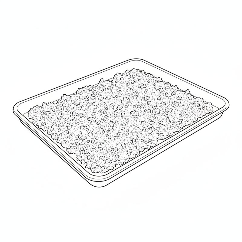 Line drawing of cooked, crumbled minced beef spread out in an even layer on a flat tray to cool
