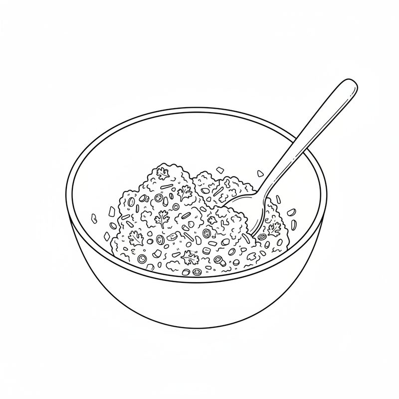 Line drawing of a bowl of cooled minced beef with chopped onion, coriander leaves and sliced green chilli stirred through it, a spoon in the bowl