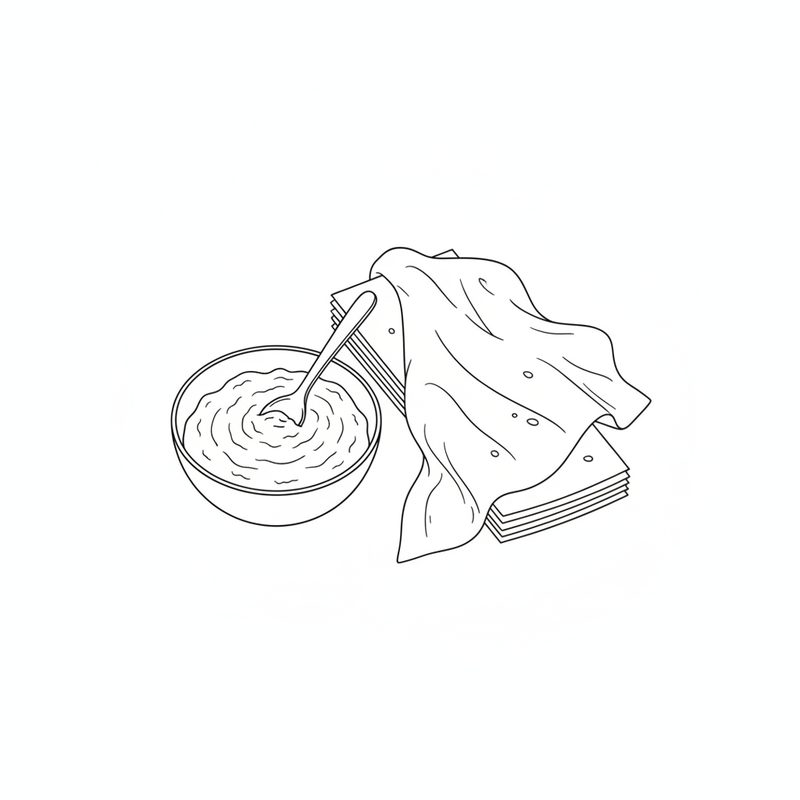 Line drawing of a bowl of thick flour paste with a spoon in it beside a stack of thin pastry sheets half covered with a cloth