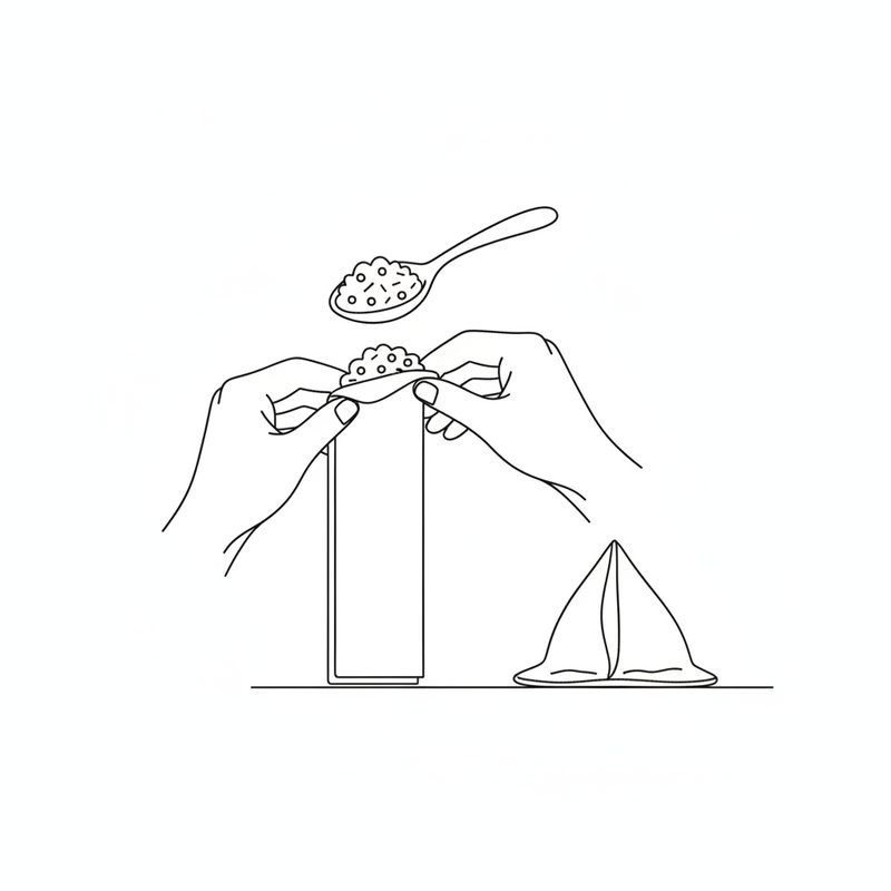 Line drawing of two hands holding a long strip of pastry with a spoonful of filling at the top, a spoon of filling above it and a finished samosa standing beside it