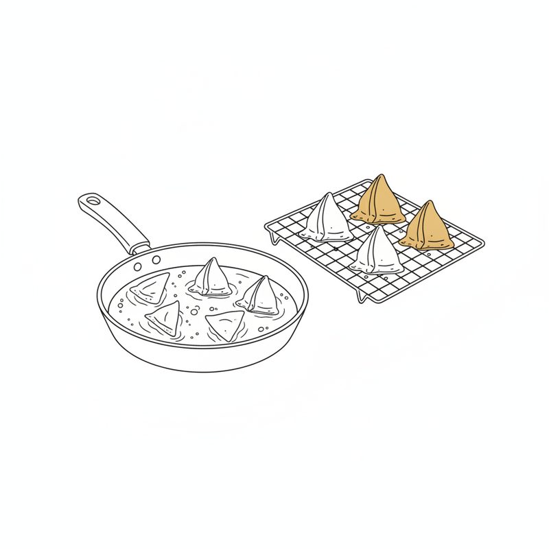 Line drawing of triangular samosas frying in a pan of oil, with four samosas cooling on a wire rack beside it, two of them golden