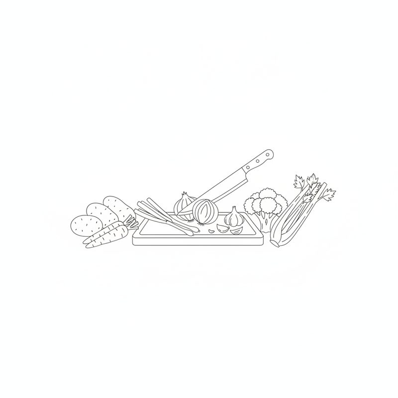 Line drawing of a knife on a cutting board with a halved onion, spring onions and garlic cloves, beside potatoes, carrots, broccoli and a bunch of celery