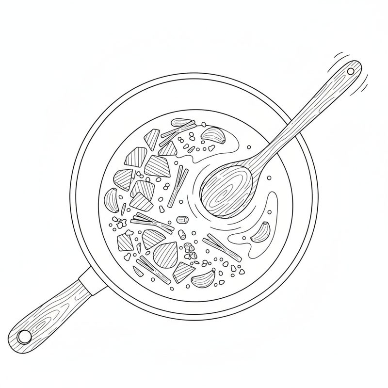 Line drawing from above of a pan of chopped onion, spring onion and garlic in oil, stirred with a wooden spoon