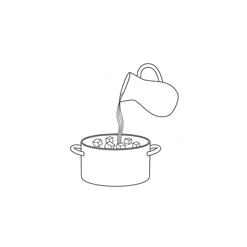 Line drawing of broth pouring from a jug into a pot of potato cubes