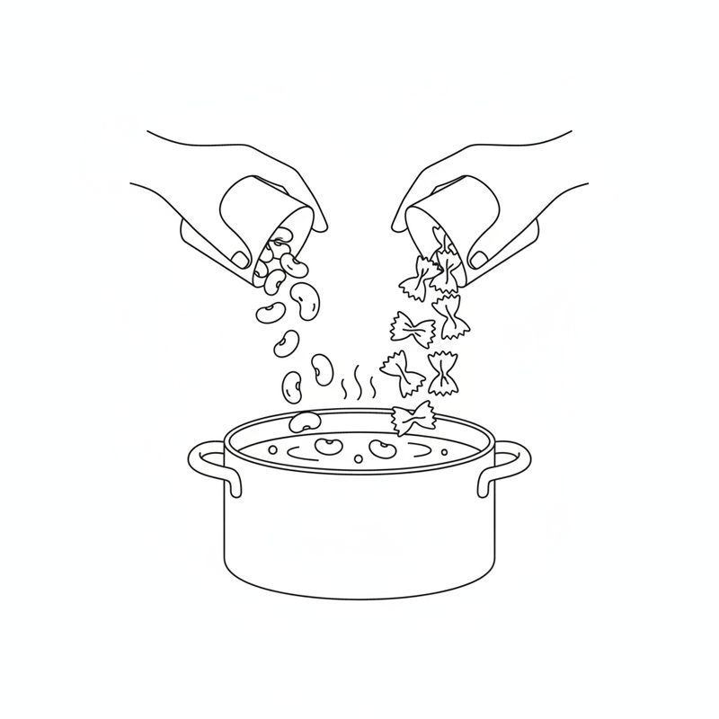 Line drawing of two hands tipping kidney beans and bow-tie pasta into a steaming pot