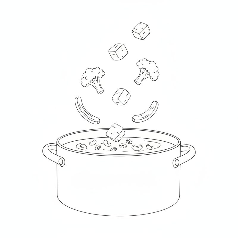 Line drawing of vegetable cubes, broccoli florets and celery pieces dropping into a pot of soup with small pasta