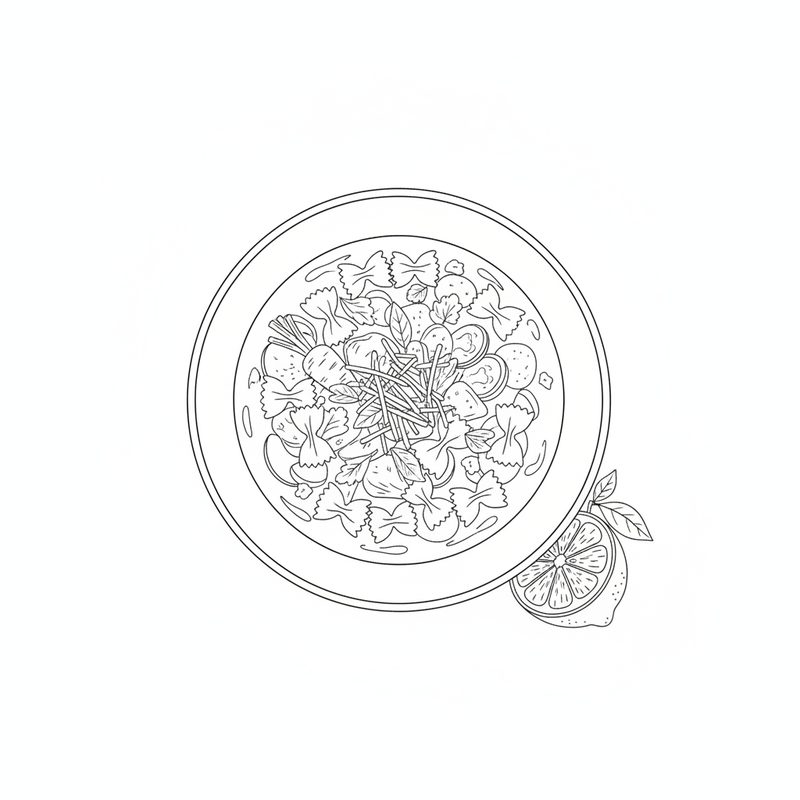 Line drawing from above of a bowl of soup with bow-tie pasta, vegetables, herbs and grated cheese, with a halved lemon beside it