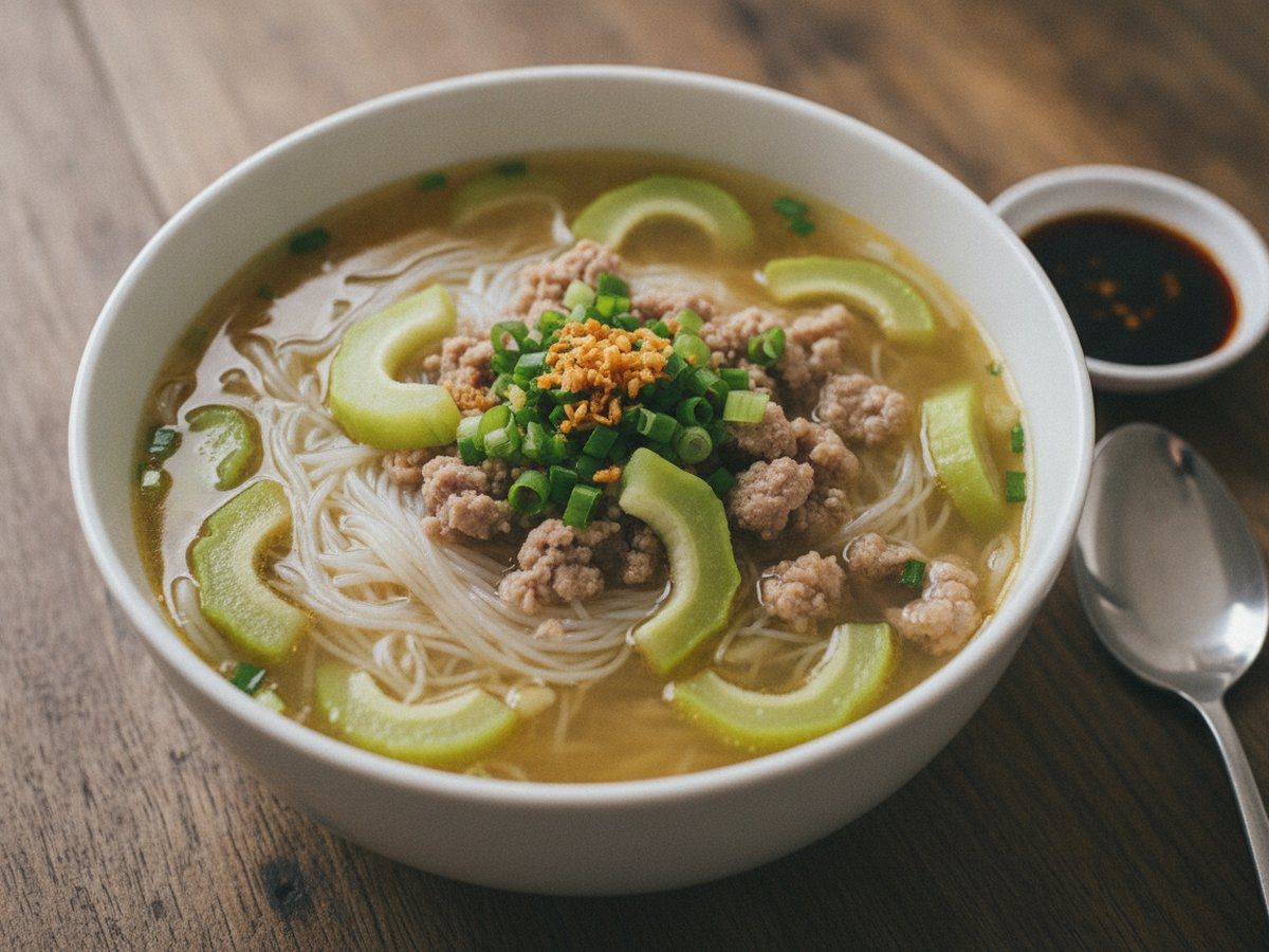 Misua Soup (Filipino Miswa at Patola with Ground Pork)
