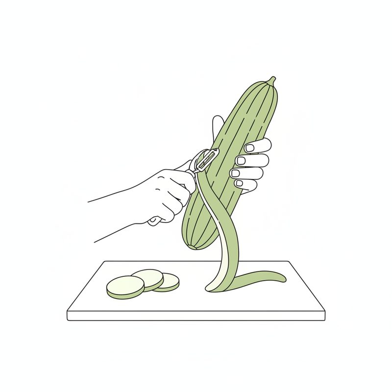 Line drawing of a hand peeling a long ridged green gourd with a vegetable peeler, a strip of peel curling onto a cutting board beside three round pale slices