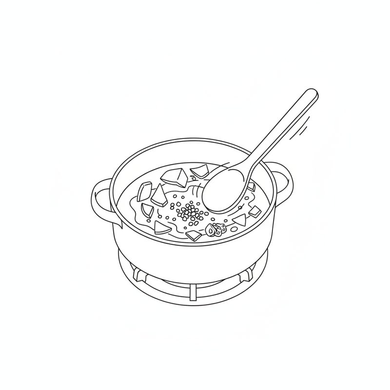 Line drawing of a soup pot on a gas burner with chopped onion and small bits of garlic in a little oil, a wooden spoon stirring