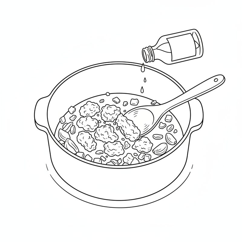 Line drawing of crumbled ground pork with onion and garlic in a pot, a wooden spoon breaking it up while a small bottle drips sauce in
