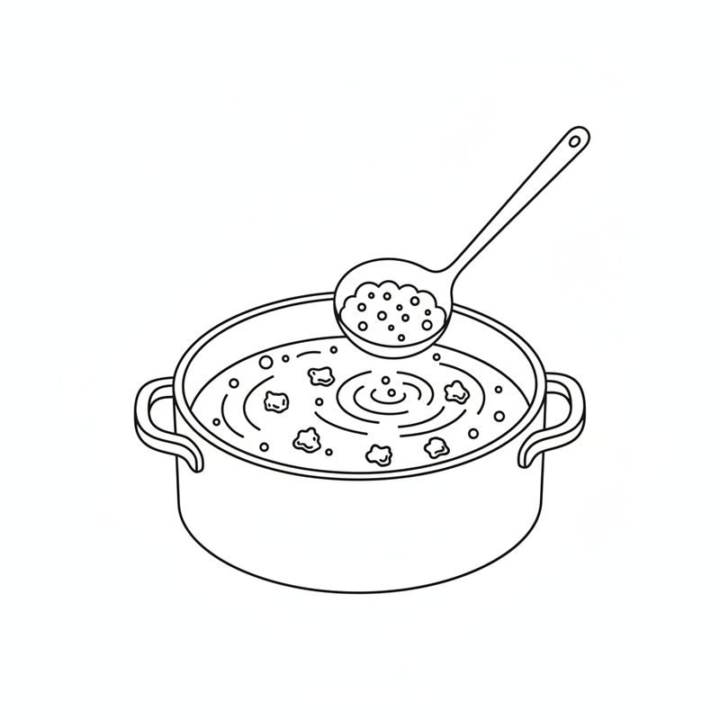 Line drawing of a pot of simmering broth with small pieces of pork, a ladle lifting foam off the surface