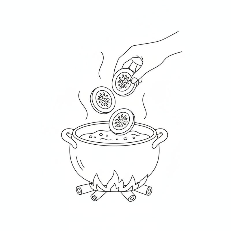 Line drawing of a hand dropping round gourd slices into a steaming pot of broth over a flame