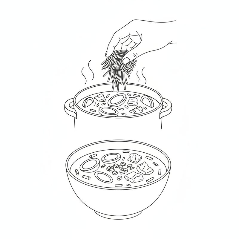 Line drawing of a hand dropping a bundle of very thin noodles into a pot of soup with gourd slices and pork, above a served bowl of soup topped with chopped green onion