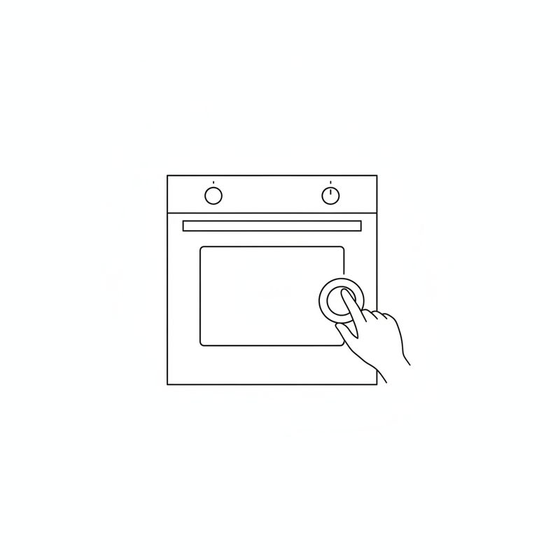 Line drawing of a hand turning the control knob on the front of an oven