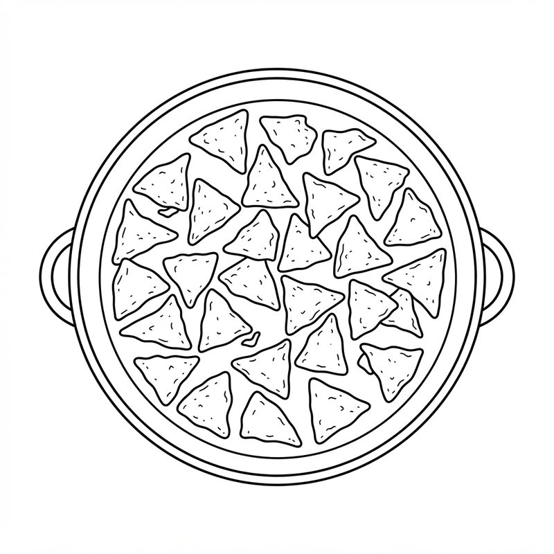 Line drawing of tortilla chips spread in a single layer over a large round dish