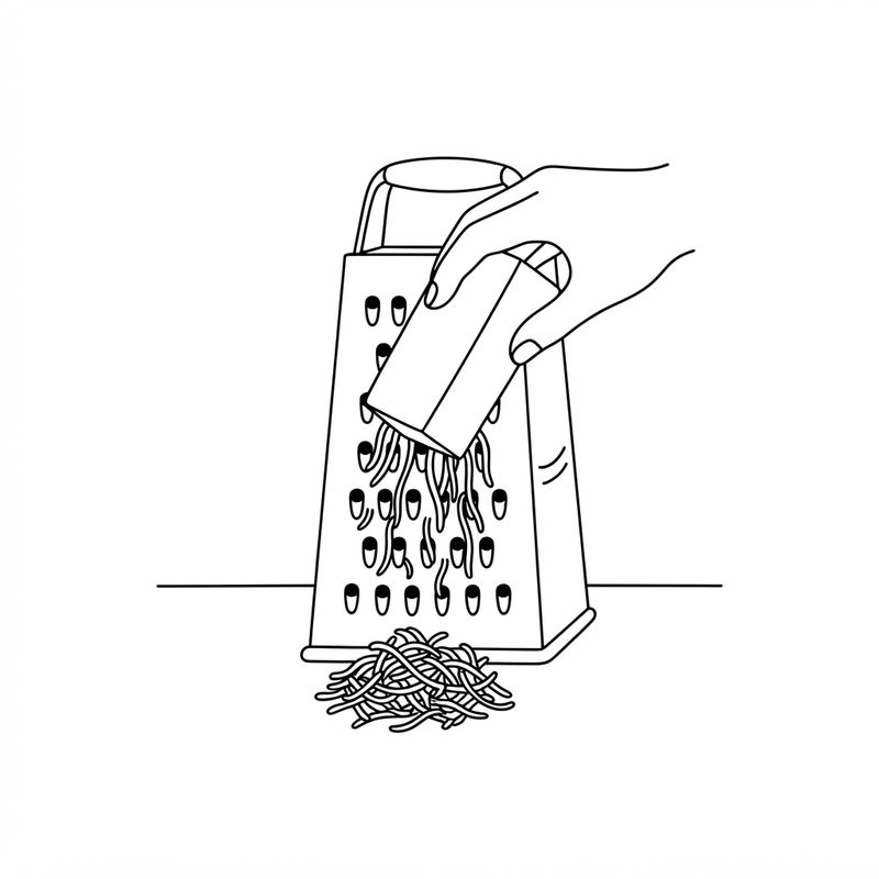 Line drawing of a hand grating a block of cheese on a box grater, with a small pile of grated cheese below