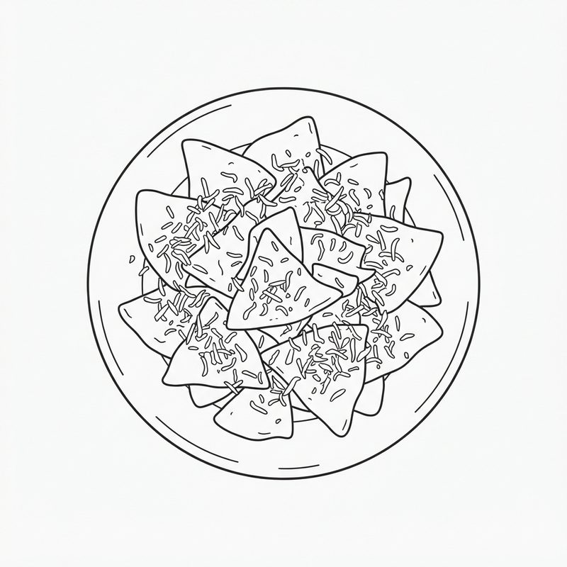 Line drawing of a plate of tortilla chips scattered with grated cheese