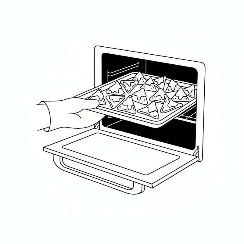 Line drawing of a hand sliding a tray of cheese-topped tortilla chips into an open oven