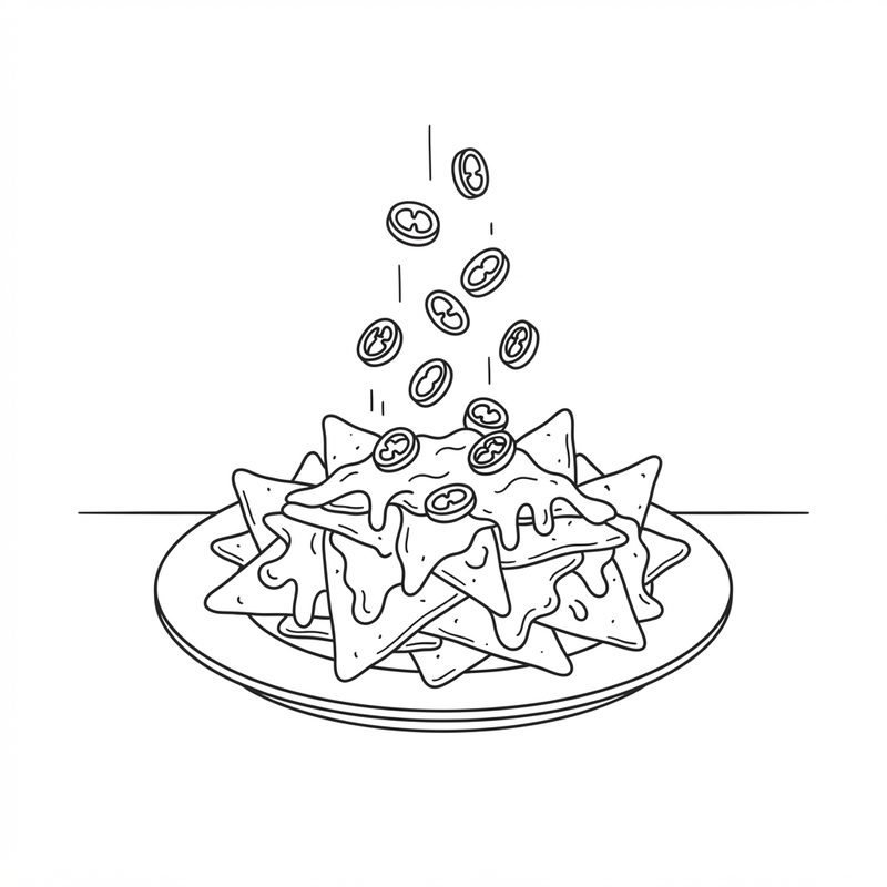 Line drawing of chili rings falling onto a plate of nachos covered in melted cheese