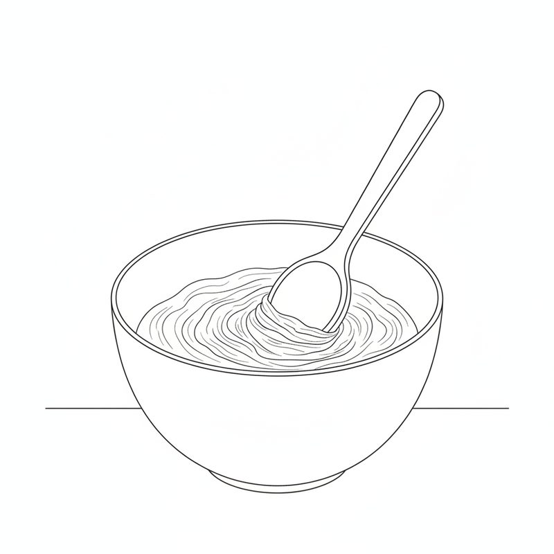 Line drawing of a wooden spoon stirring a smooth creamed mixture in a round mixing bowl