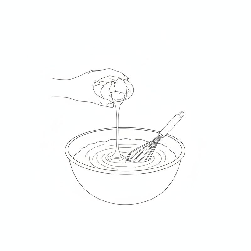 Line drawing of a hand cracking an egg into a bowl of smooth batter, with a whisk resting in the bowl