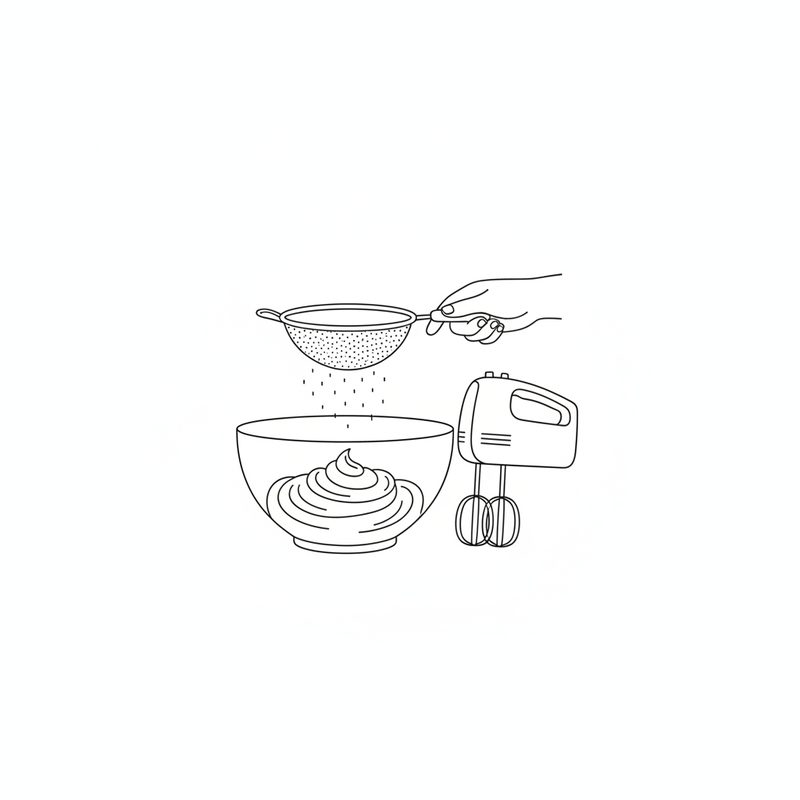 Line drawing of a hand holding a sieve that sifts flour into a bowl of batter, with a hand mixer standing beside the bowl