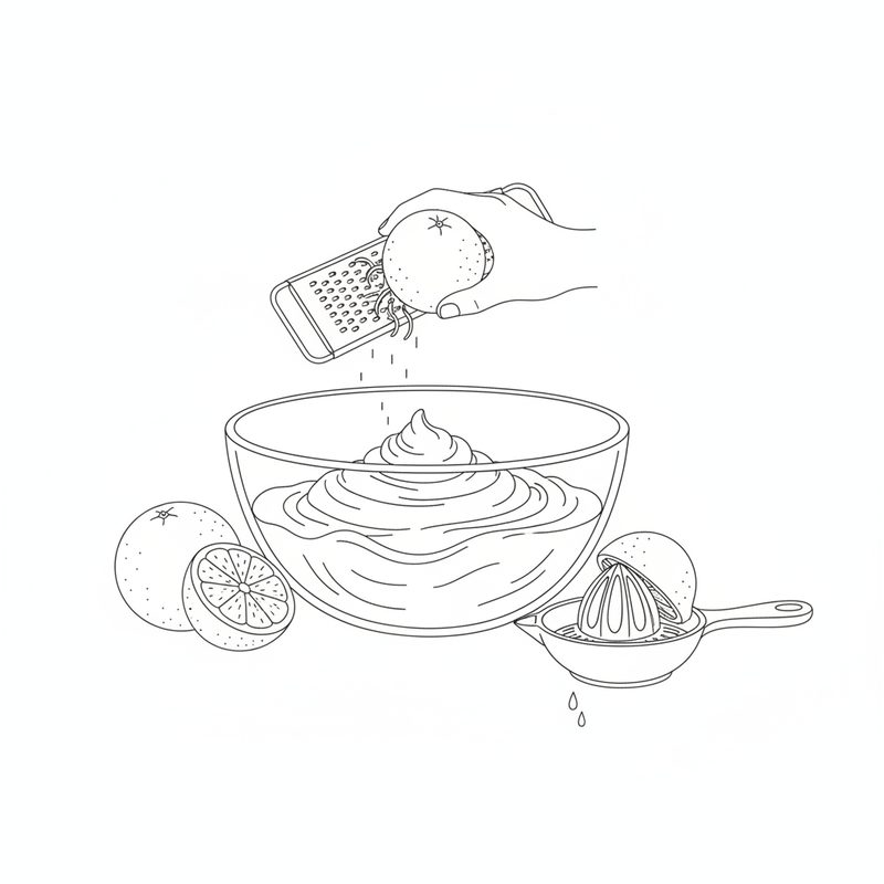 Line drawing of a hand grating an orange over a glass bowl of batter, with an orange, a cut orange half and a citrus squeezer beside it