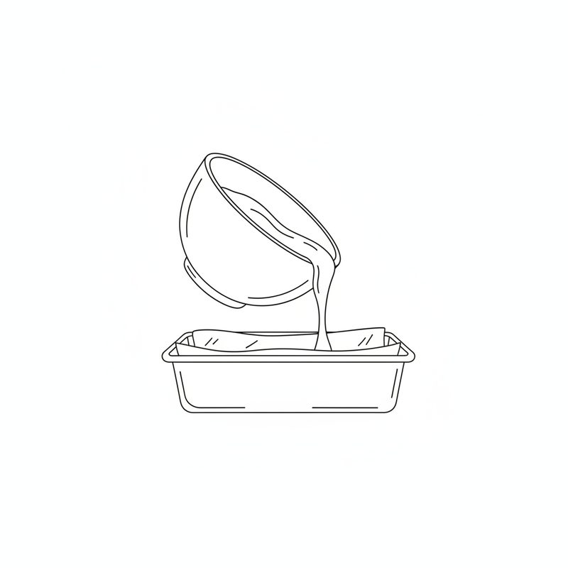 Line drawing of cake batter pouring from a tilted bowl into a loaf tin lined with baking paper