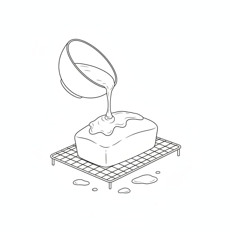 Line drawing of white icing pouring from a tilted bowl onto a loaf cake that sits on a wire cooling rack