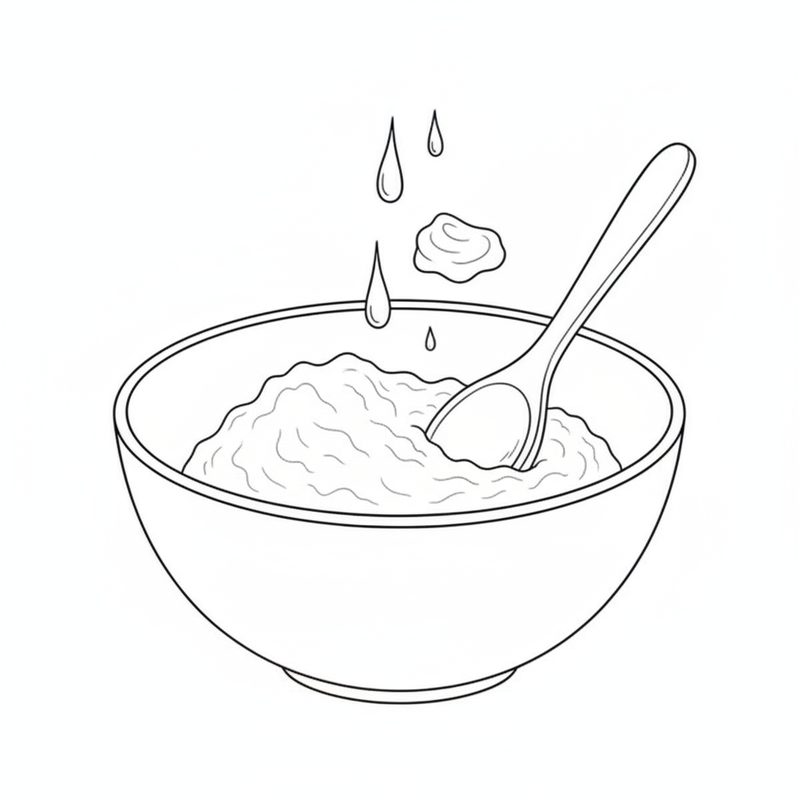 Line drawing of a large mixing bowl of flour with a wooden spoon stirring in water and a spoonful of yogurt