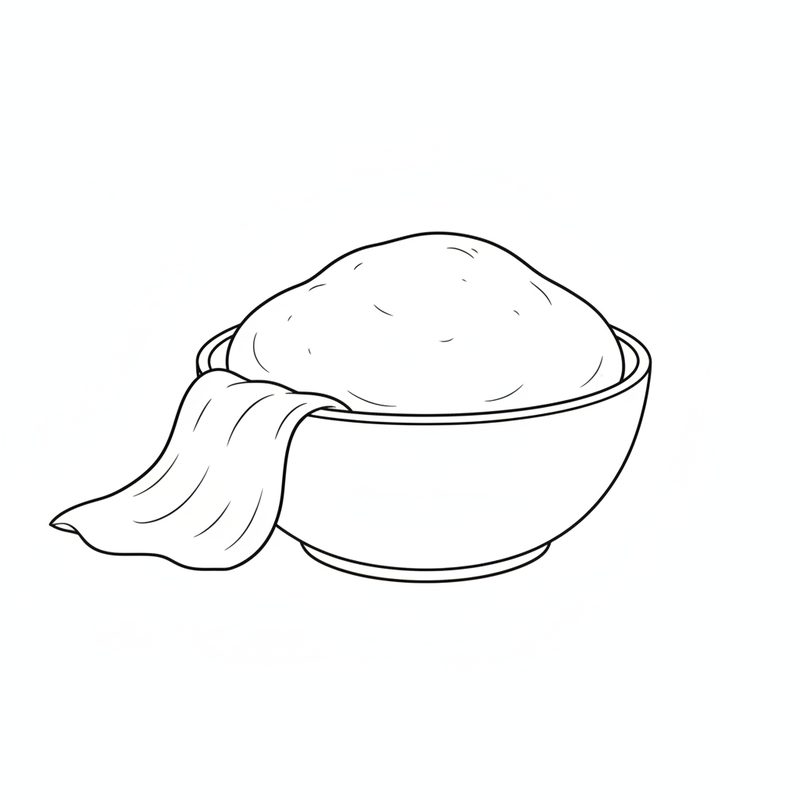 Line drawing of a bowl of smooth, risen dough with a tea towel pulled back over the rim