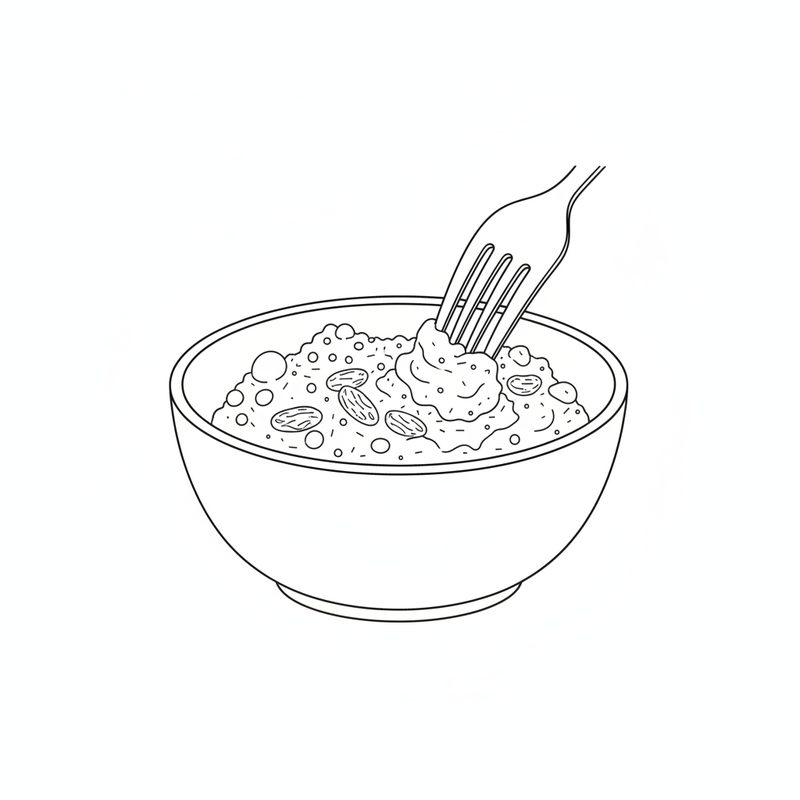Line drawing of a fork mashing a crumbly almond and coconut filling with sultanas in a small bowl