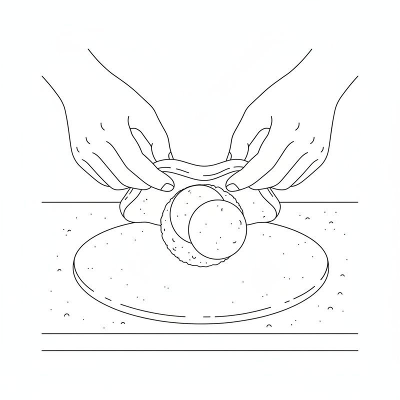 Line drawing of two hands pulling a round of dough up around a ball of filling on a floured board