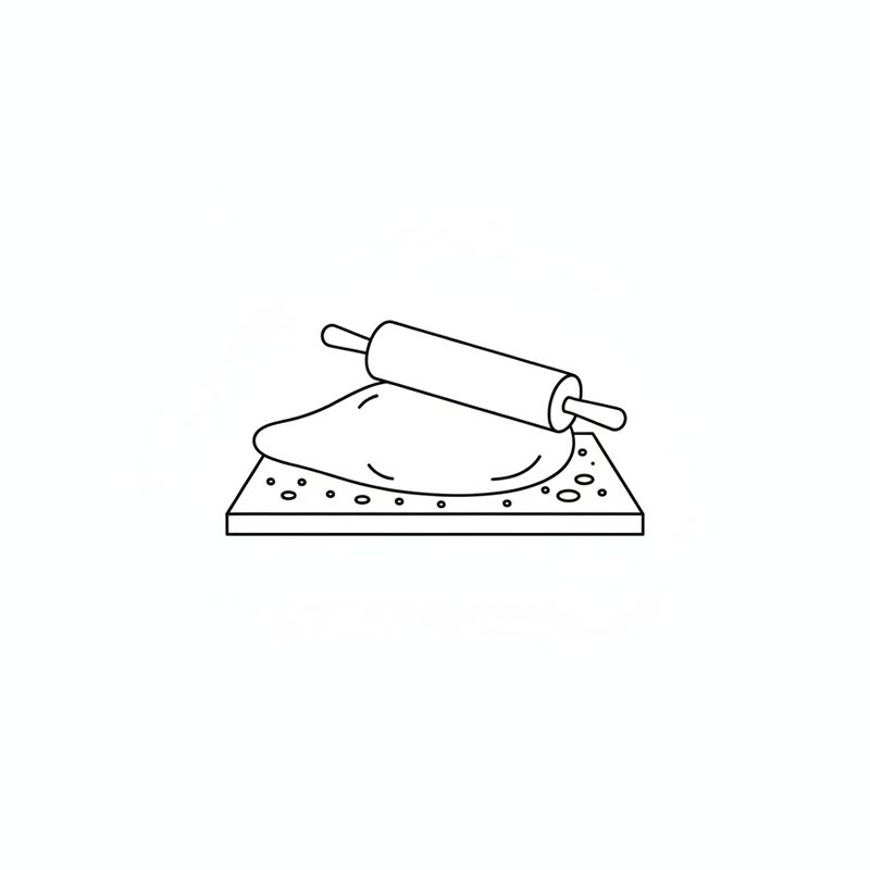 Line drawing of a rolling pin rolling a filled dough into a flat oval on a floured board