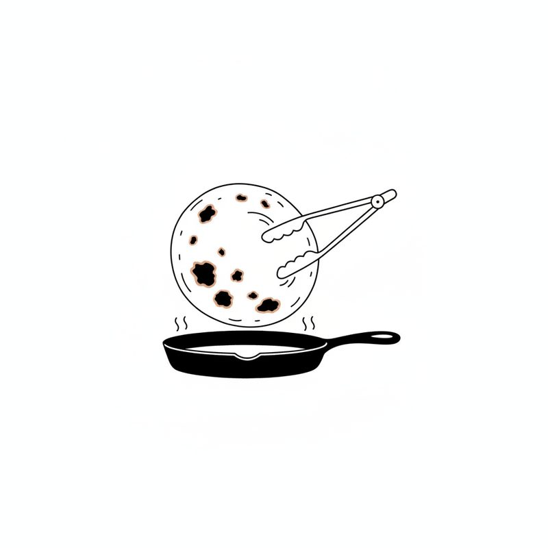 Line drawing of tongs lifting a round flatbread with dark brown spots above a cast-iron pan