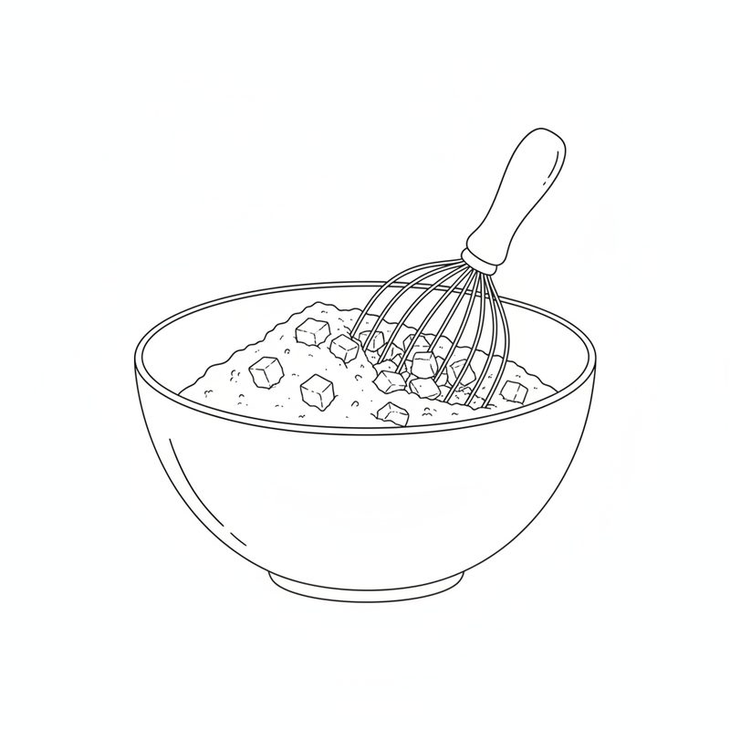 Line drawing of a balloon whisk mixing small cubes of fat into a large bowl of flour