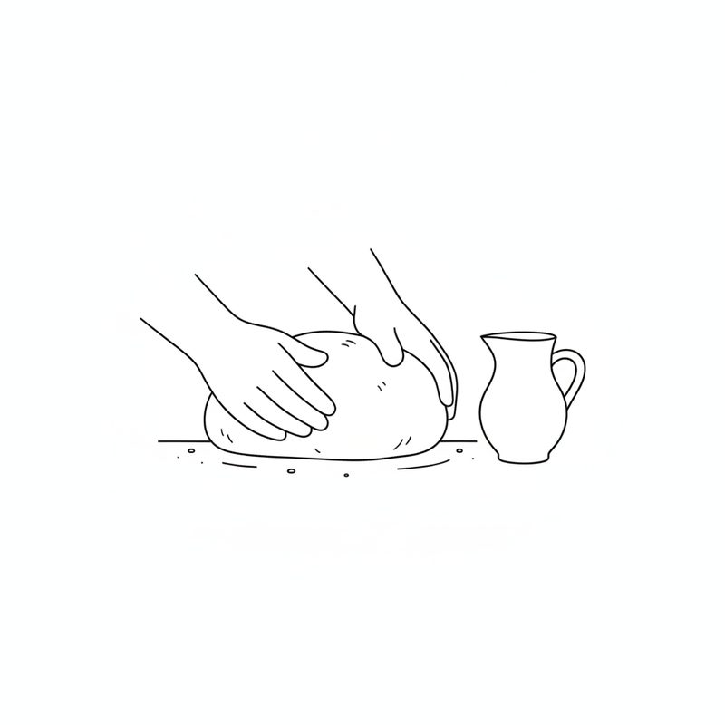 Line drawing of two hands kneading a round ball of dough on a floured surface beside a small jug
