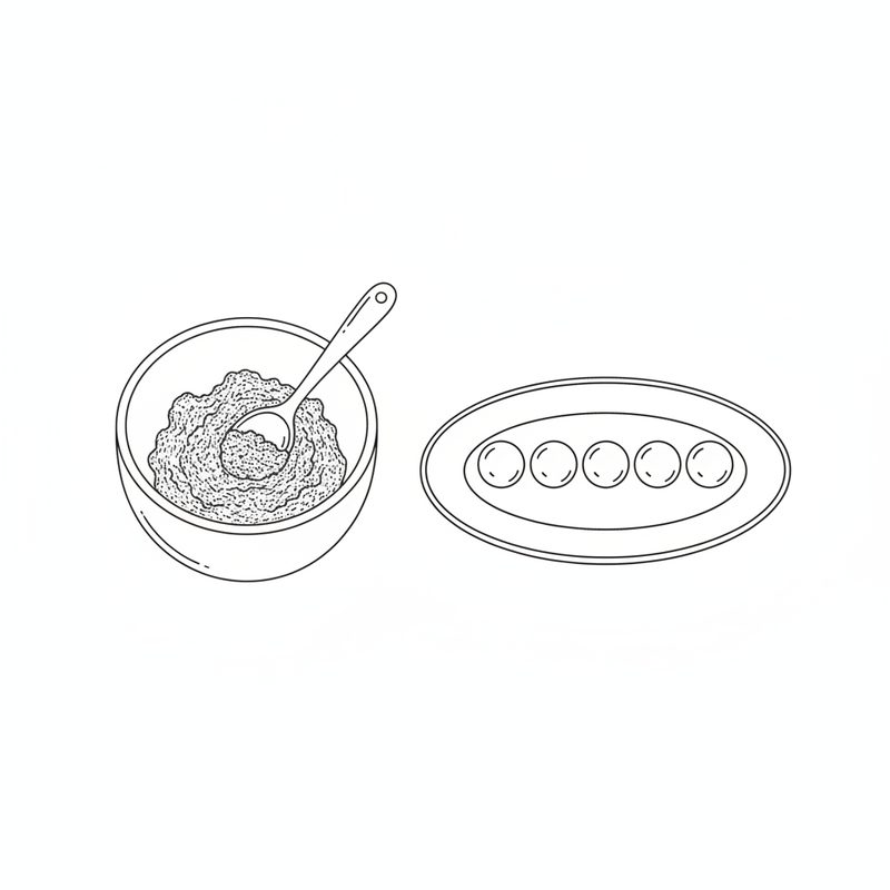 Line drawing of a spoon in a bowl of crumbly filling, beside an oval plate holding a row of five small balls