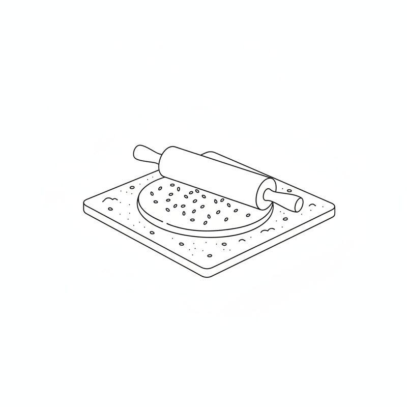 Line drawing of a rolling pin rolling out a flat round of dough dotted with sesame seeds on a floured board