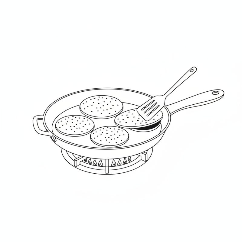 Line drawing of four flat sesame-dotted rounds cooking in a frying pan over a gas flame, one lifted with a spatula