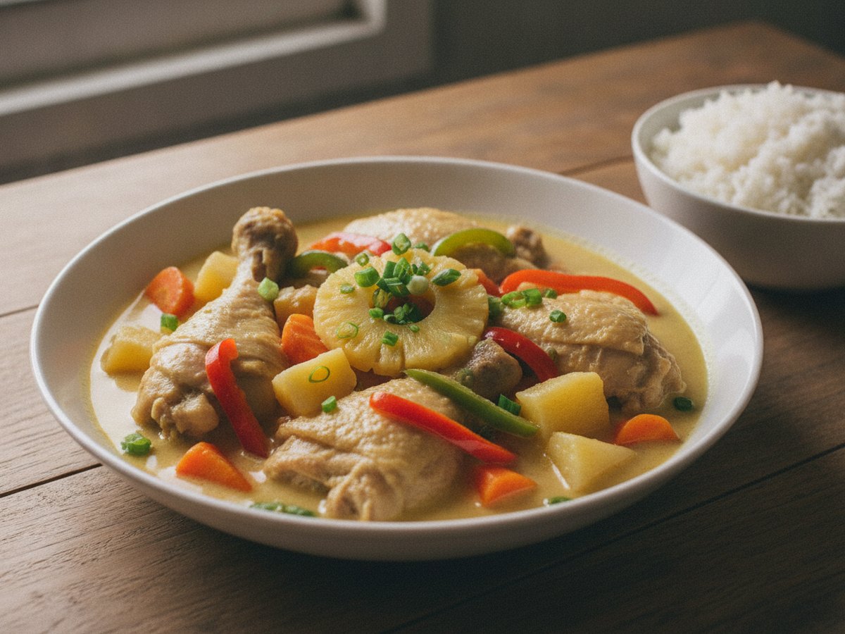 Pininyahang manok in a white bowl: chicken thighs and drumsticks in a creamy pale-yellow sauce with pineapple chunks and a pineapple ring, carrot, potato, red and green pepper strips and sliced green onion, with a bowl of white rice behind