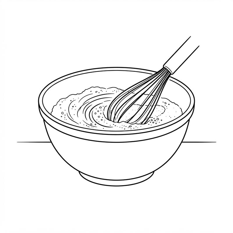 Line drawing of a balloon whisk stirring flour in a large mixing bowl