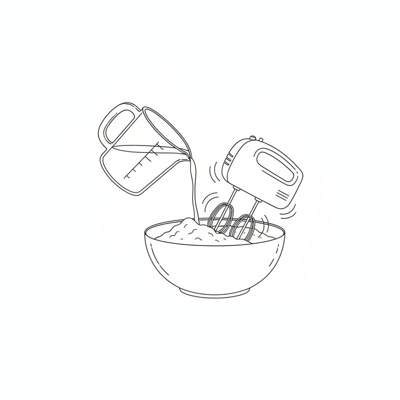 Line drawing of milk pouring from a measuring jug into a bowl of flour while an electric hand mixer beats it