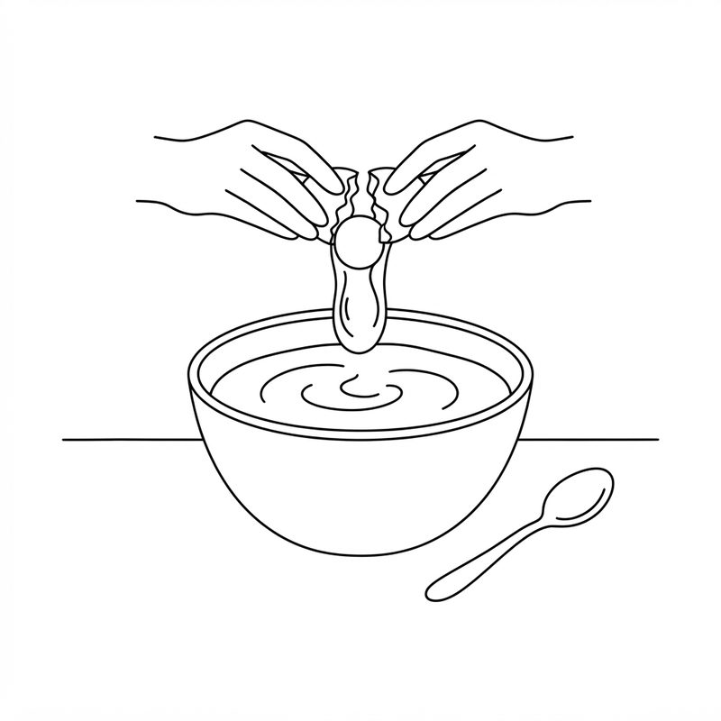 Line drawing of two hands cracking an egg into a bowl of smooth batter, a spoon lying beside the bowl
