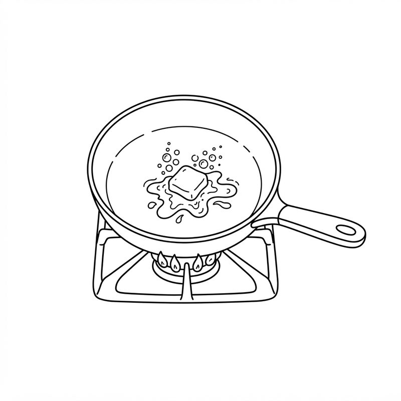 Line drawing of a cube of butter melting and bubbling in a frying pan on a gas burner