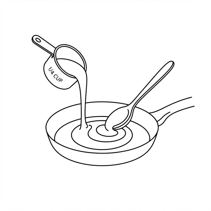 Line drawing of batter pouring from a quarter-cup measure into a frying pan while a spoon spreads it into a circle