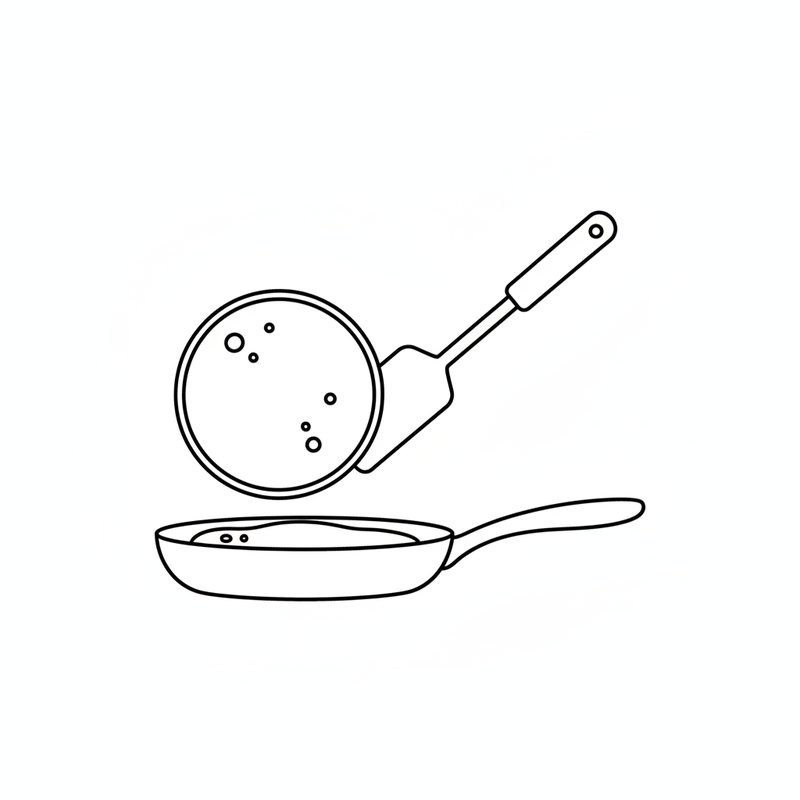 Line drawing of a spatula flipping a pancake with small bubbles on its surface above a frying pan
