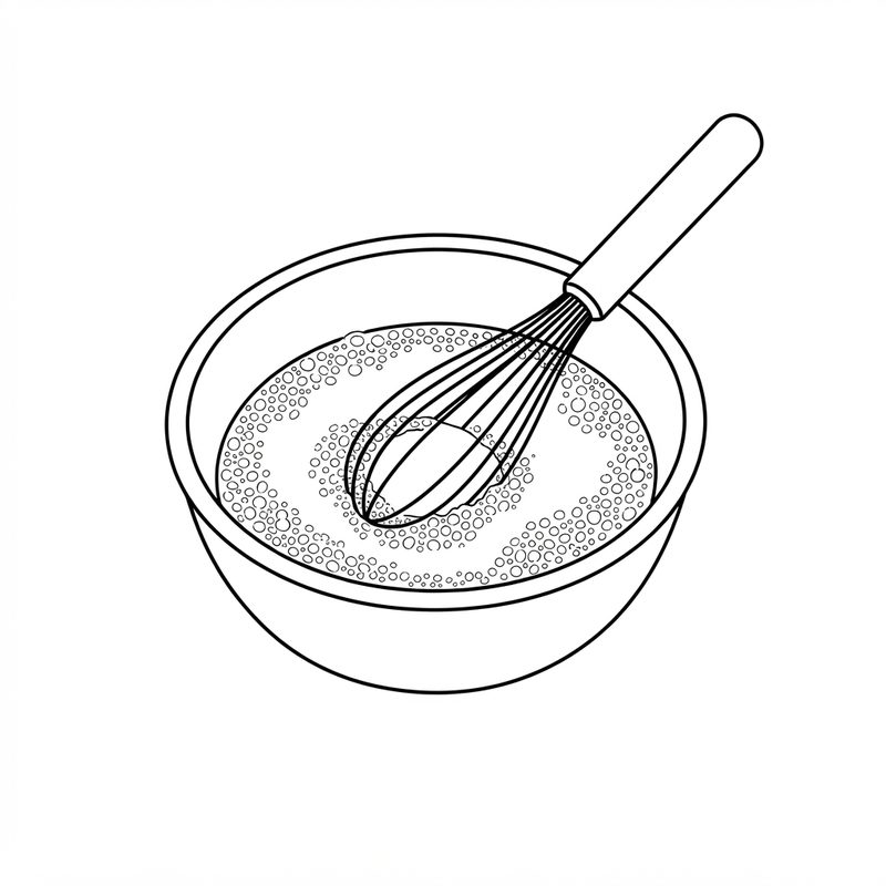 Line drawing of a balloon whisk beating egg whites in a mixing bowl, the surface covered in small bubbles